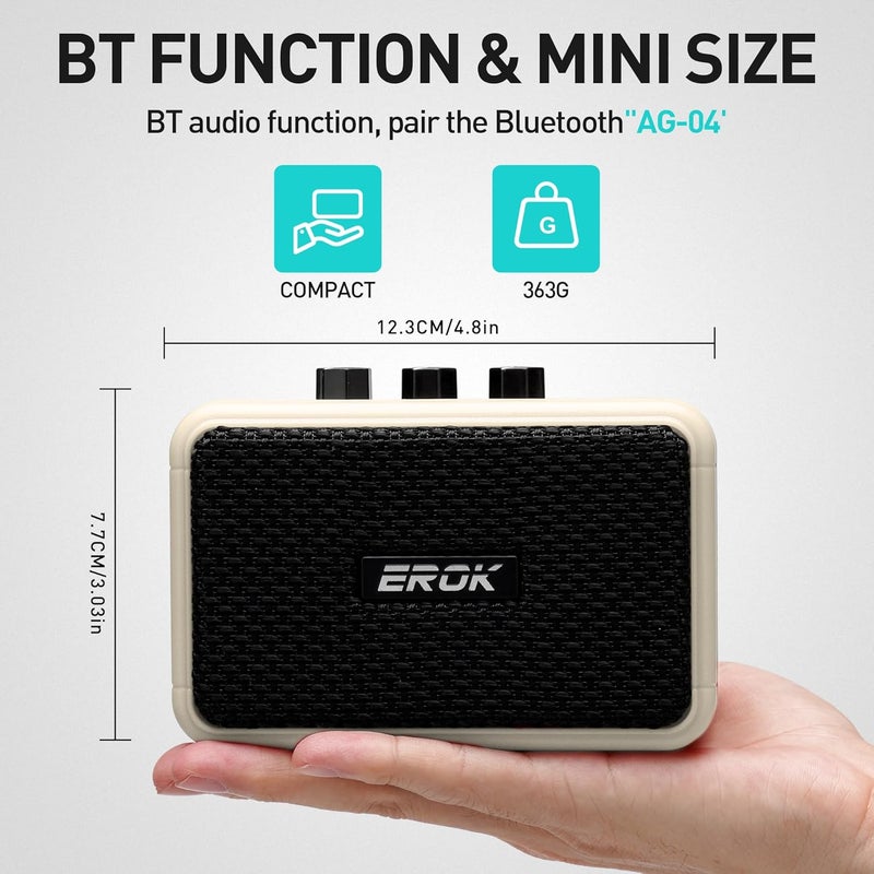 EROK Mini Electric Guitar Amplifier, with Clean Overdrive Effects,Support BT/Headphone Connection,5W Indoor Music Pratice Speaker (Beige) - Image 5